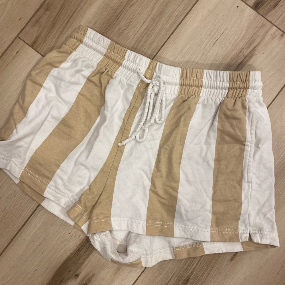 white and tan striped shorts